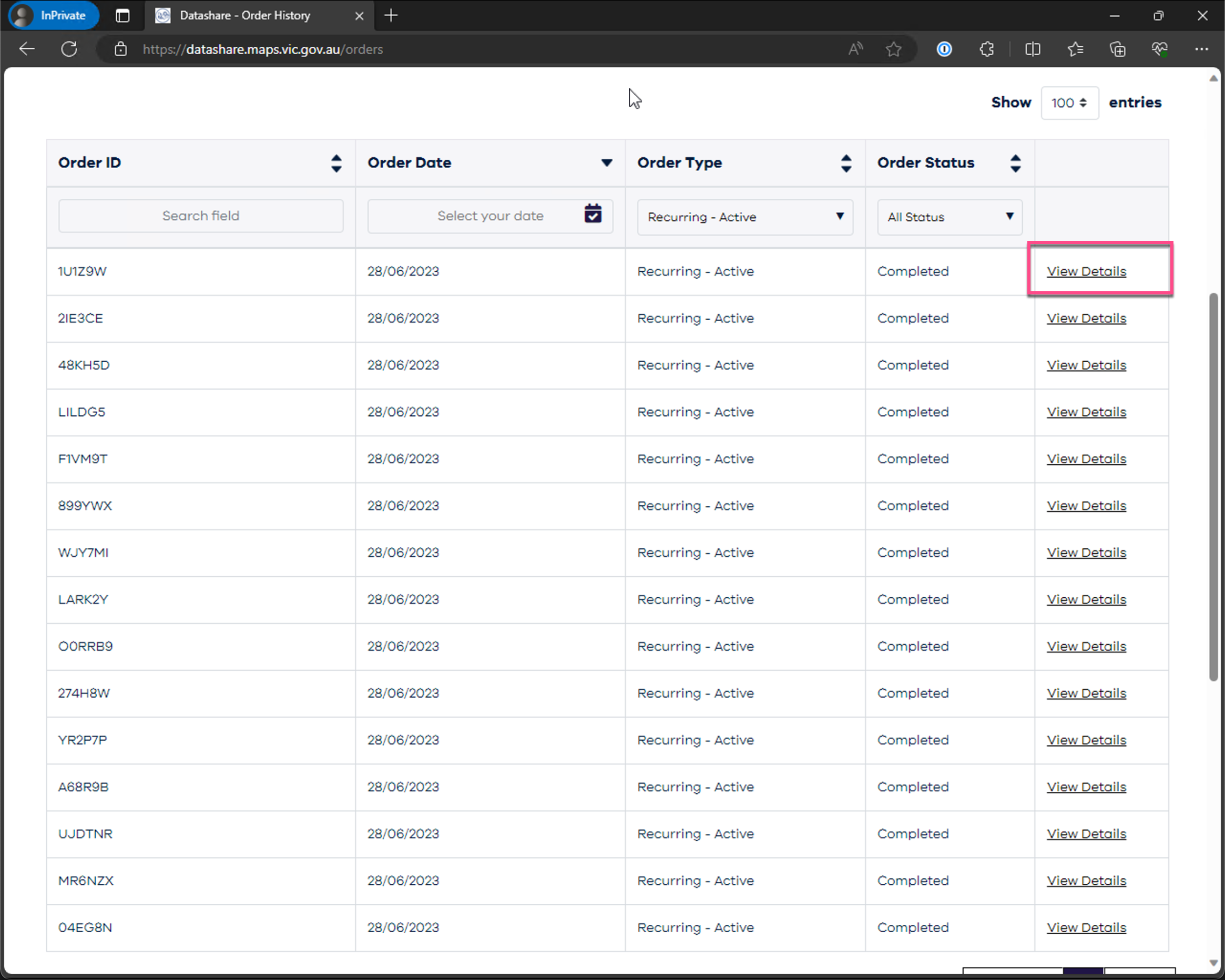 DataShare View Details Recurring Order