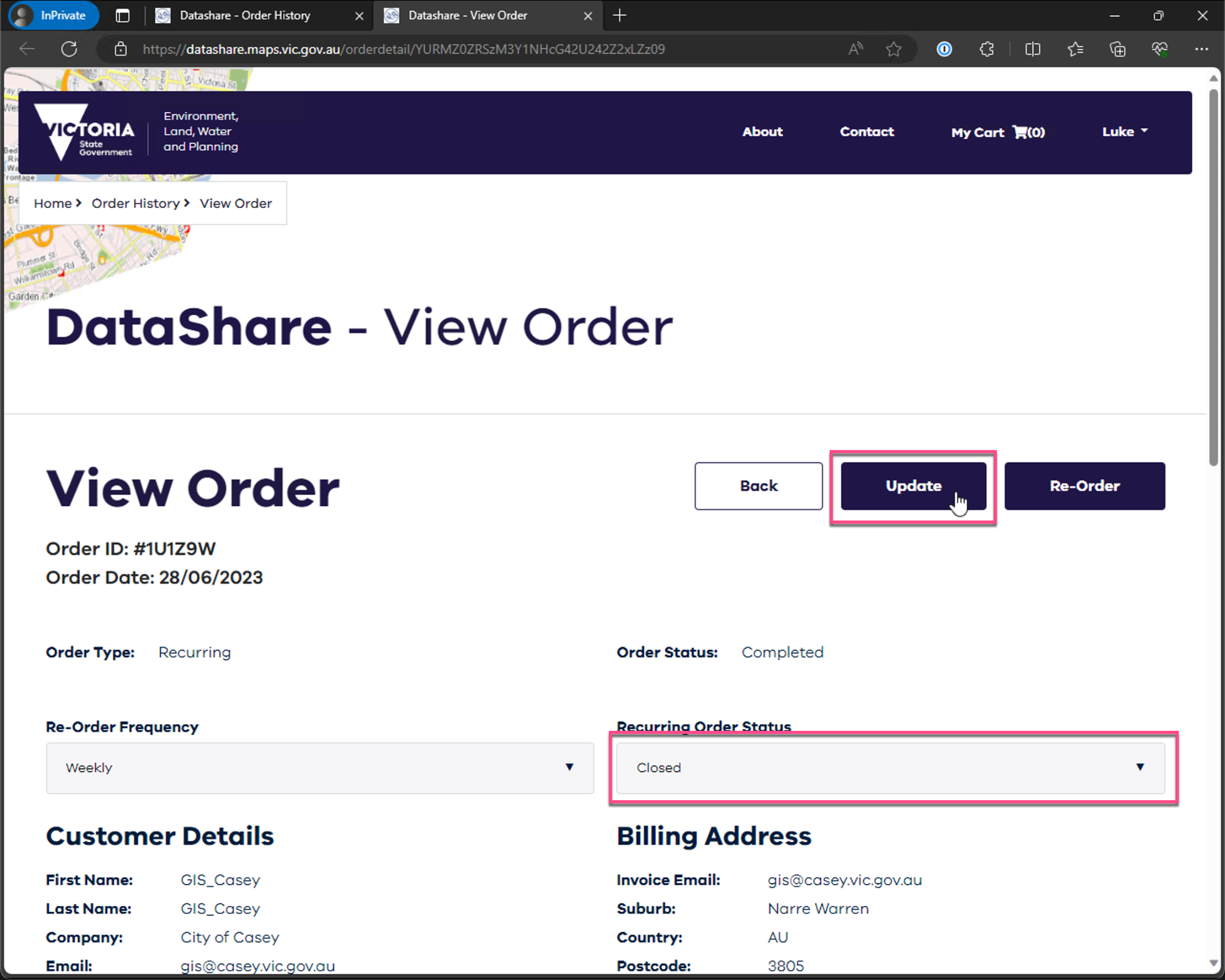 DataShare close recurring order action