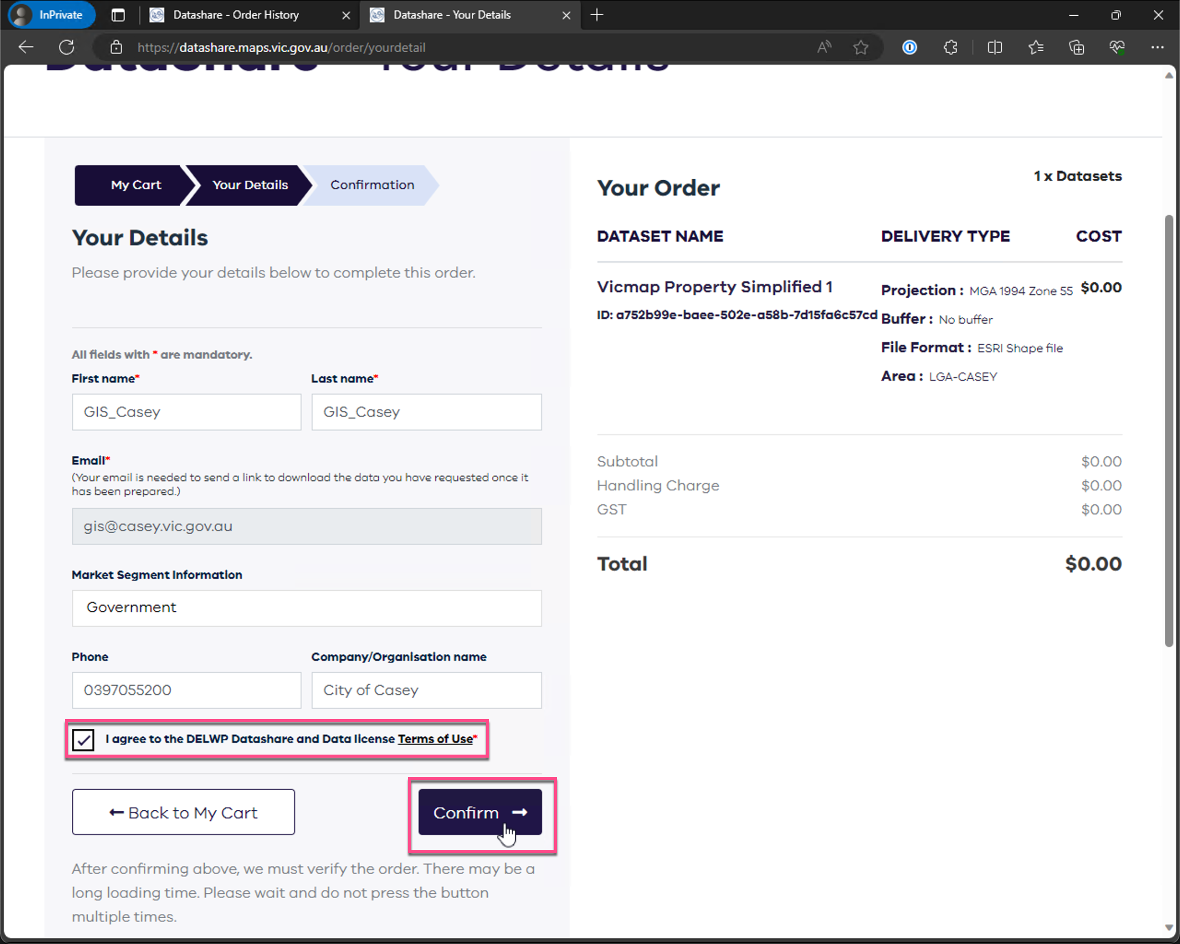 DataShare confirm order