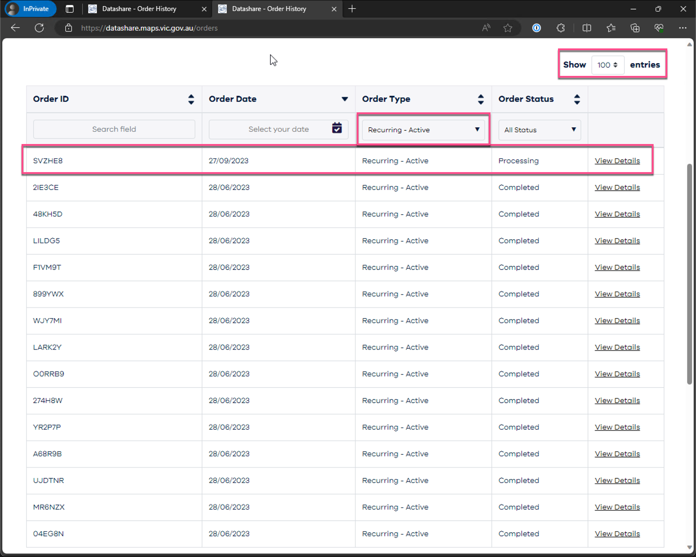 DataShare recurring order processing
