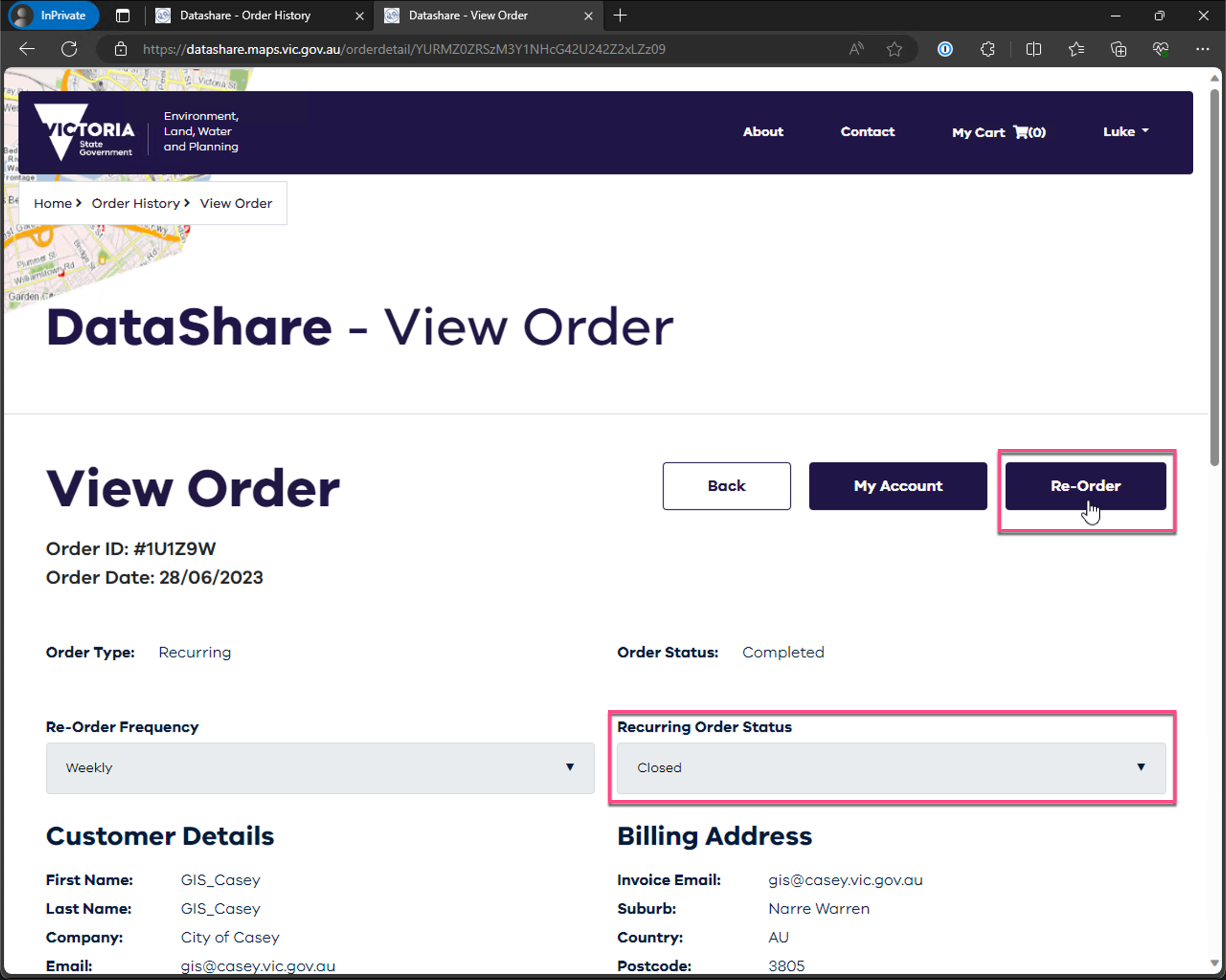 DataShare reorder recurring order action