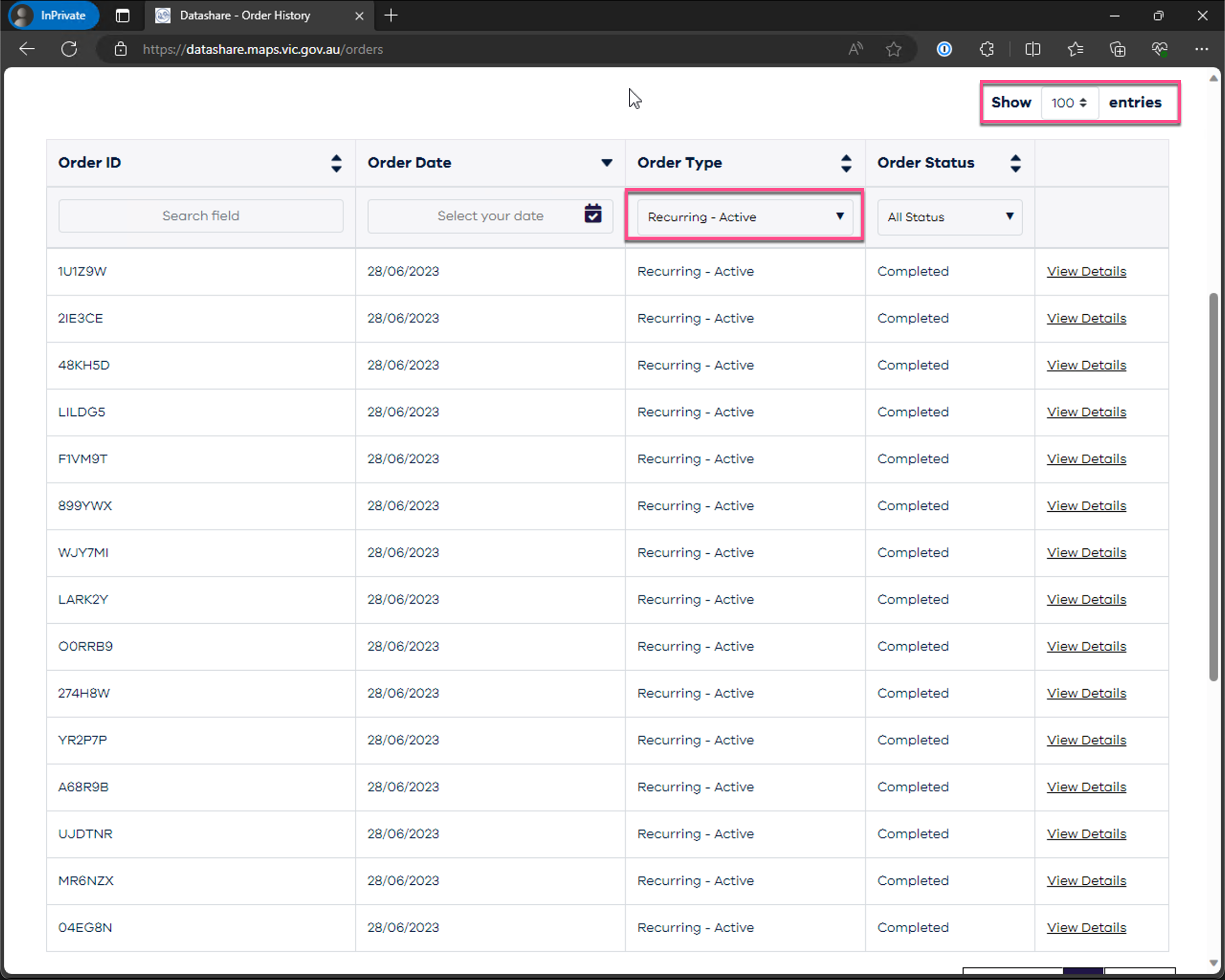 DataShare recurring orders list