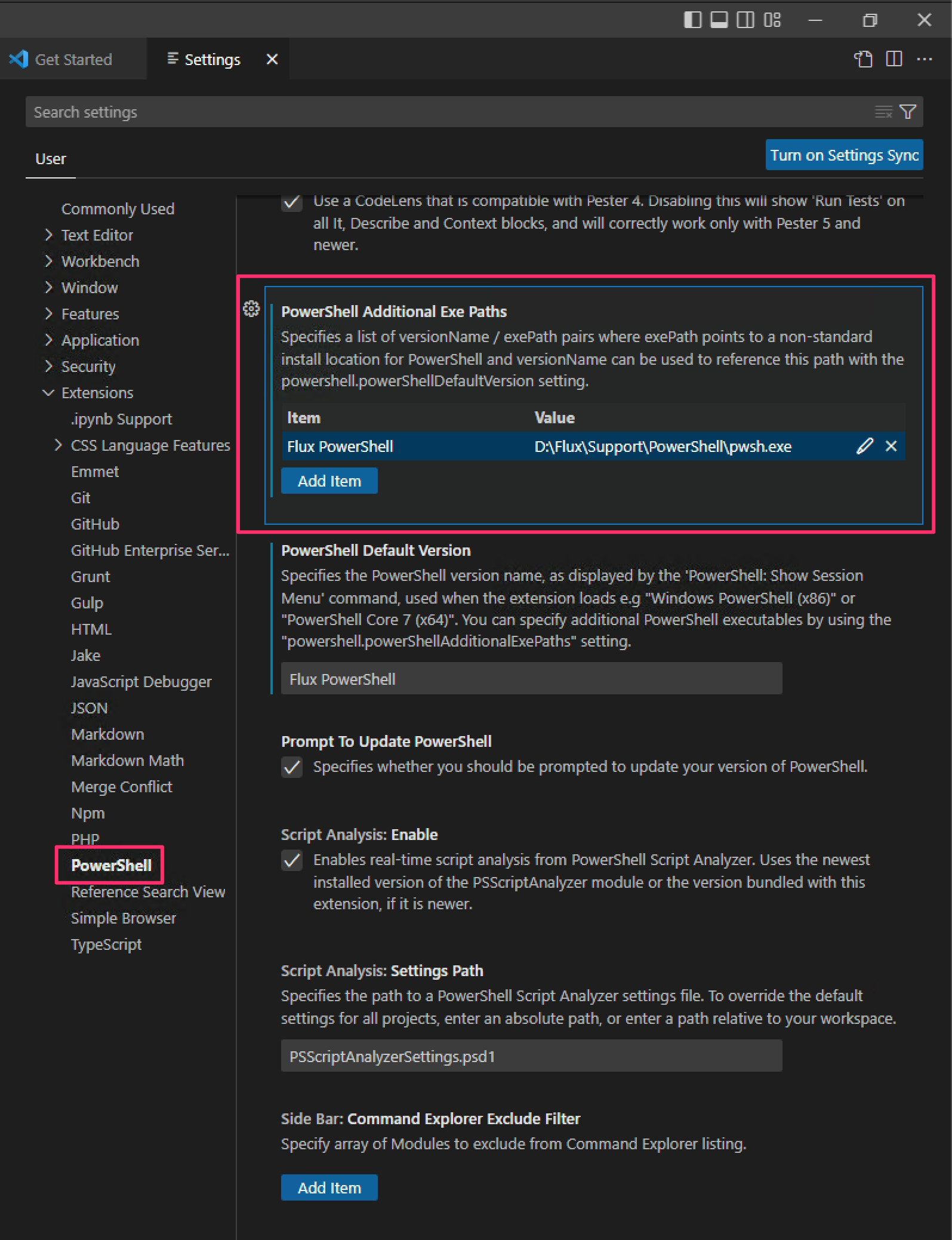 The PowerShell extension's additional executable paths setting